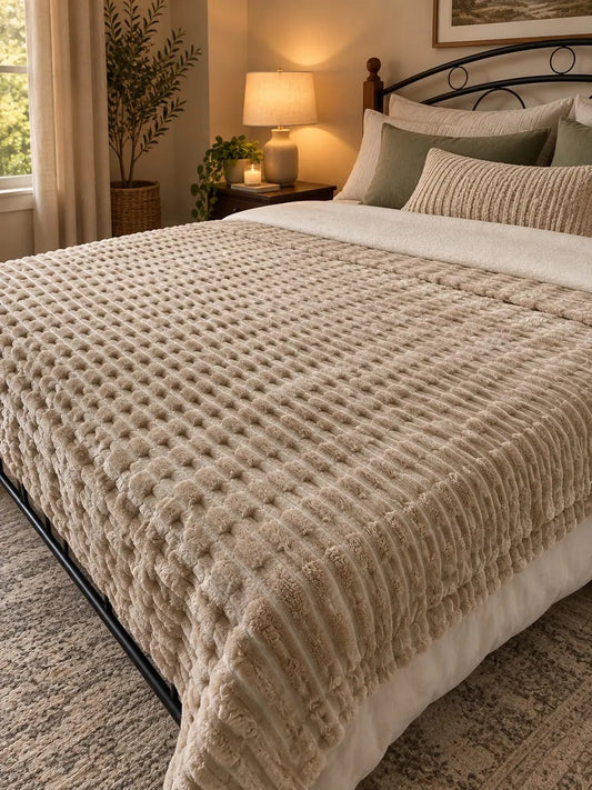 Beige Ribbed Plush Blanket