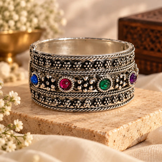 Gemstone Oxidized Silver Bangle