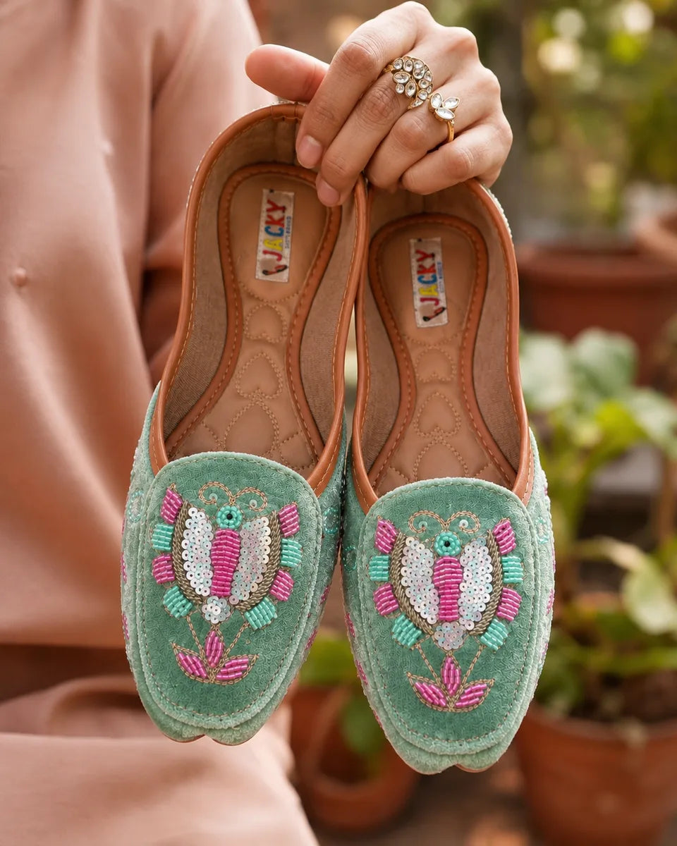Mint Green Butterfly Embroidered Jutti