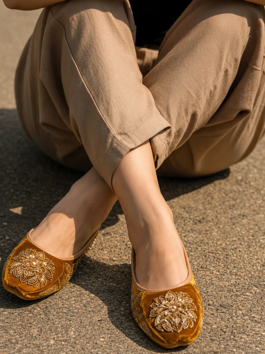 Mustard Gold Floral Embroidered Jutti