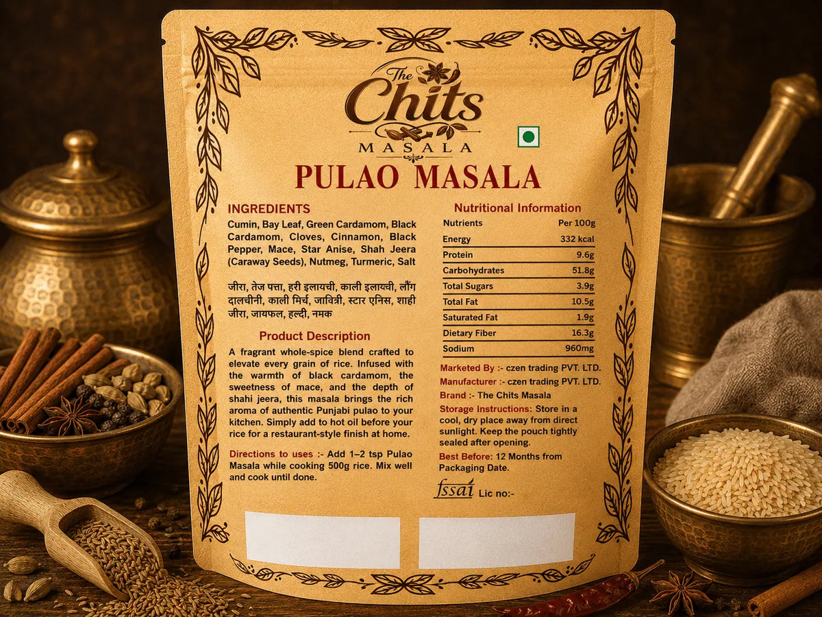Back of a pouch of Chuts Masala Pulao Masala shown upright, with decorative gold-toned masala spices in the background.
