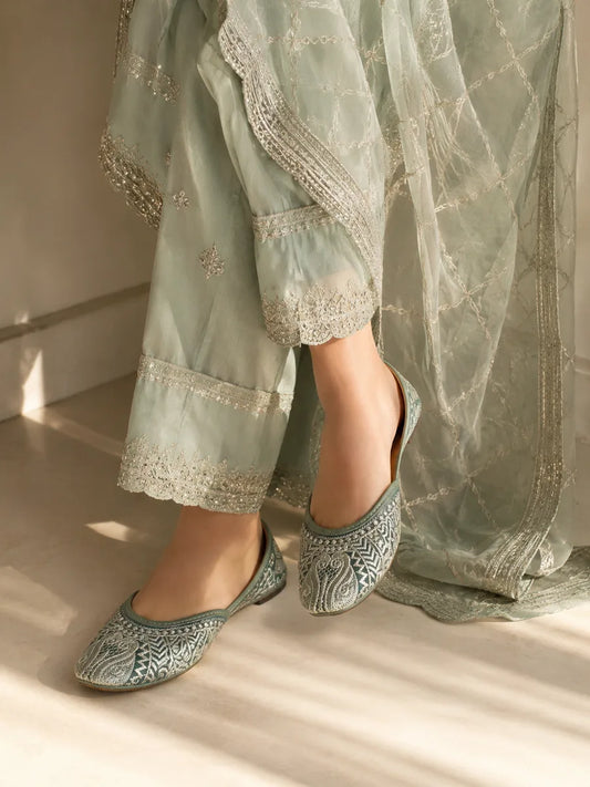 Sage Green Silver Embroidered Jutti