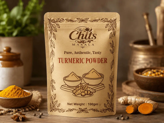 A 100g stand-up pouch of 'The Chits Masala' Turmeric Powder, styled on a rustic wooden table with bowls of raw turmeric, ginger, and spices in the background.