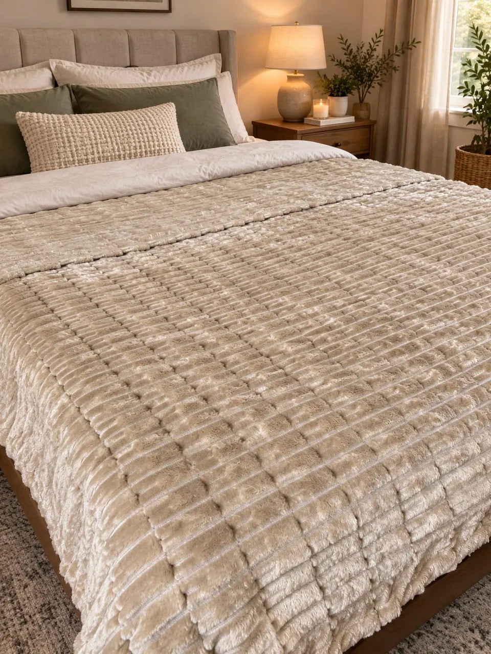 Beige Ribbed Plush Blanket