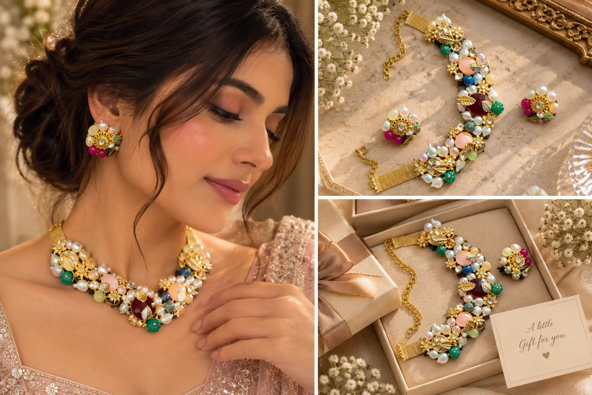 Floral Pearl Statement Jewellery Set – worn