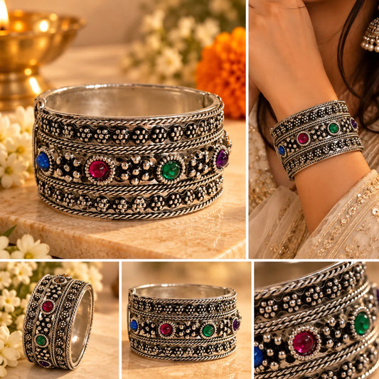 Gemstone Oxidized Silver Bangle