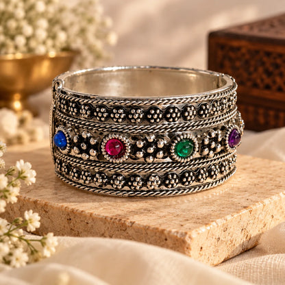 Gemstone Oxidized Silver Bangle