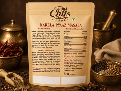 A stand-up pouch of Chuts Masala Karela Pyaaz Masala shown against a dark, rustic background with spices and onions. The packaging is a warm tan color with black text and a small green square logo.