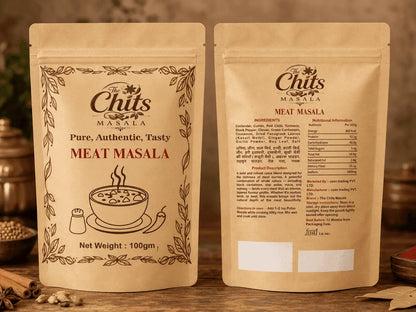 Two stand-up pouches of Chits Masala Meat Masala shown side by side on a wooden surface, with the front label on the left and the back panel on the right.