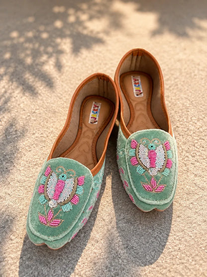 Mint Green Butterfly Embroidered Jutti