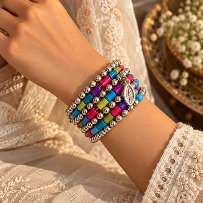 Multicolor Beaded Silver Bracelet