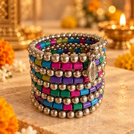 Multicolor Beaded Silver Bracelet
