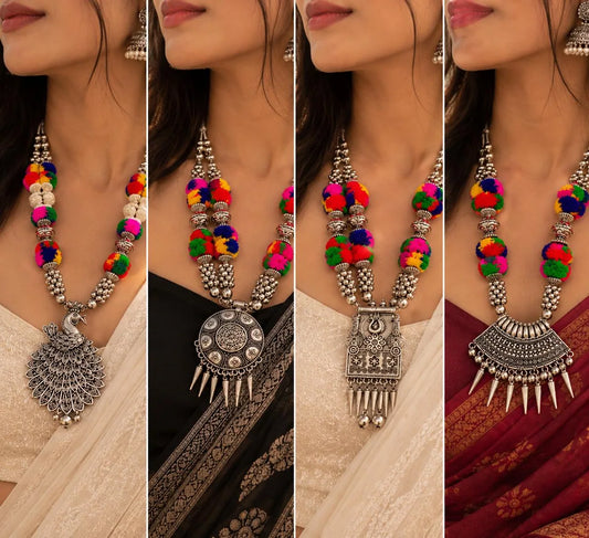 Multicolor Pom-Pom Silver Necklace Collection
