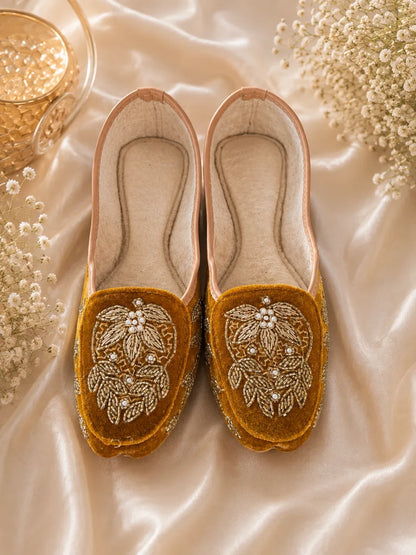 Mustard Gold Floral Embroidered Jutti