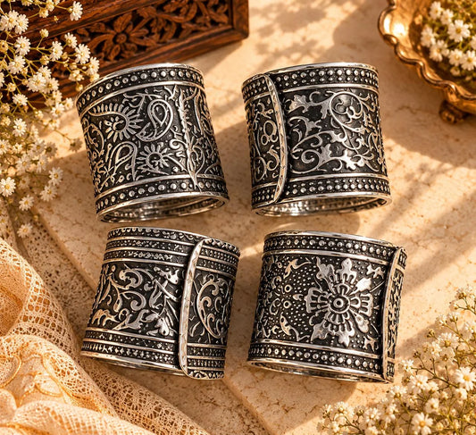 Oxidized Silver Engraved Cuff Set