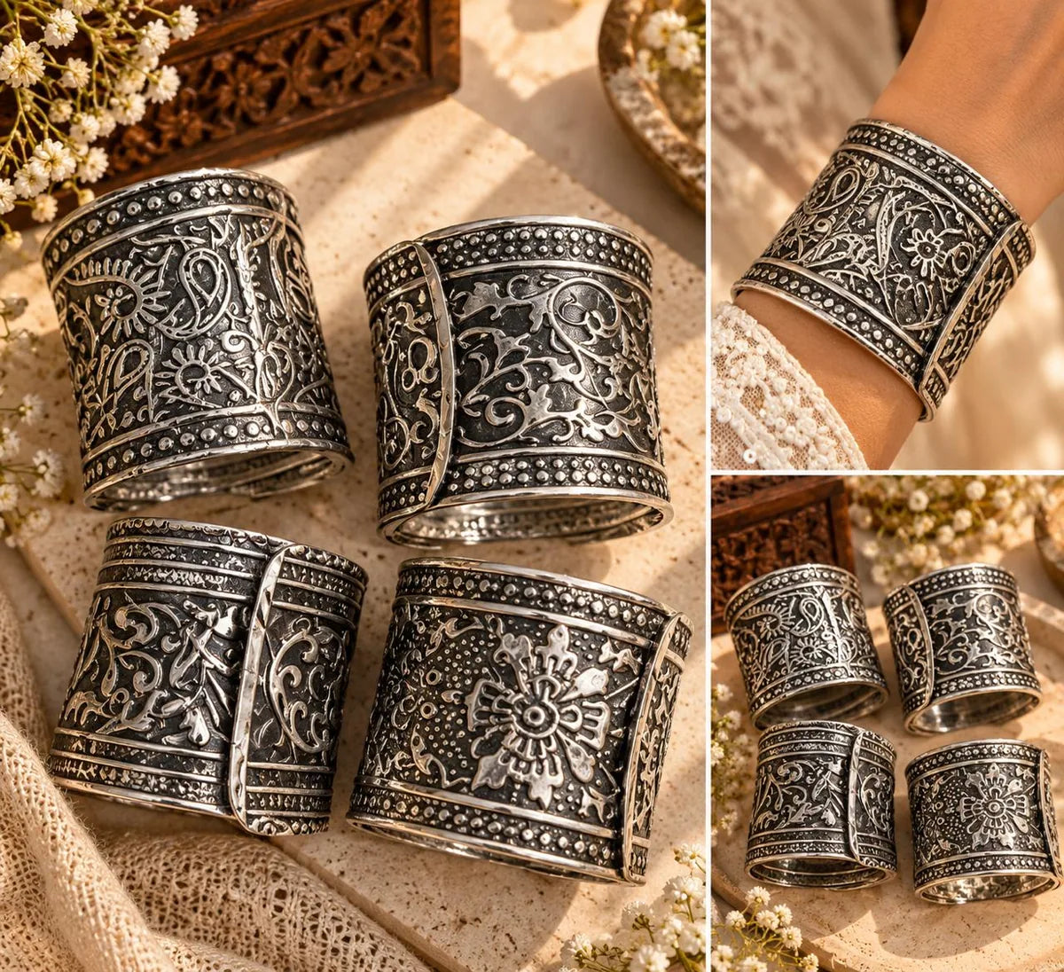 Oxidized Silver Engraved Cuff Set