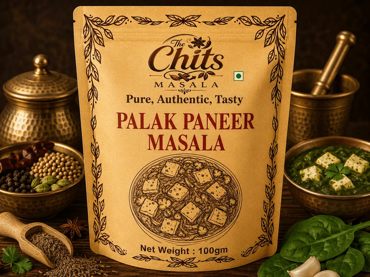 A 100g pouch of The Chits Masala Palak Paneer Masala standing upright on a dark wooden surface, surrounded by cooking ingredients and prepared food in brass bowls.