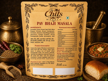 Back packaging of Pav Bhaji Masala by The Chits, displayed against a warm, dark background with traditional Indian cooking elements like a brass lamp, spices, and a piece of bread.
