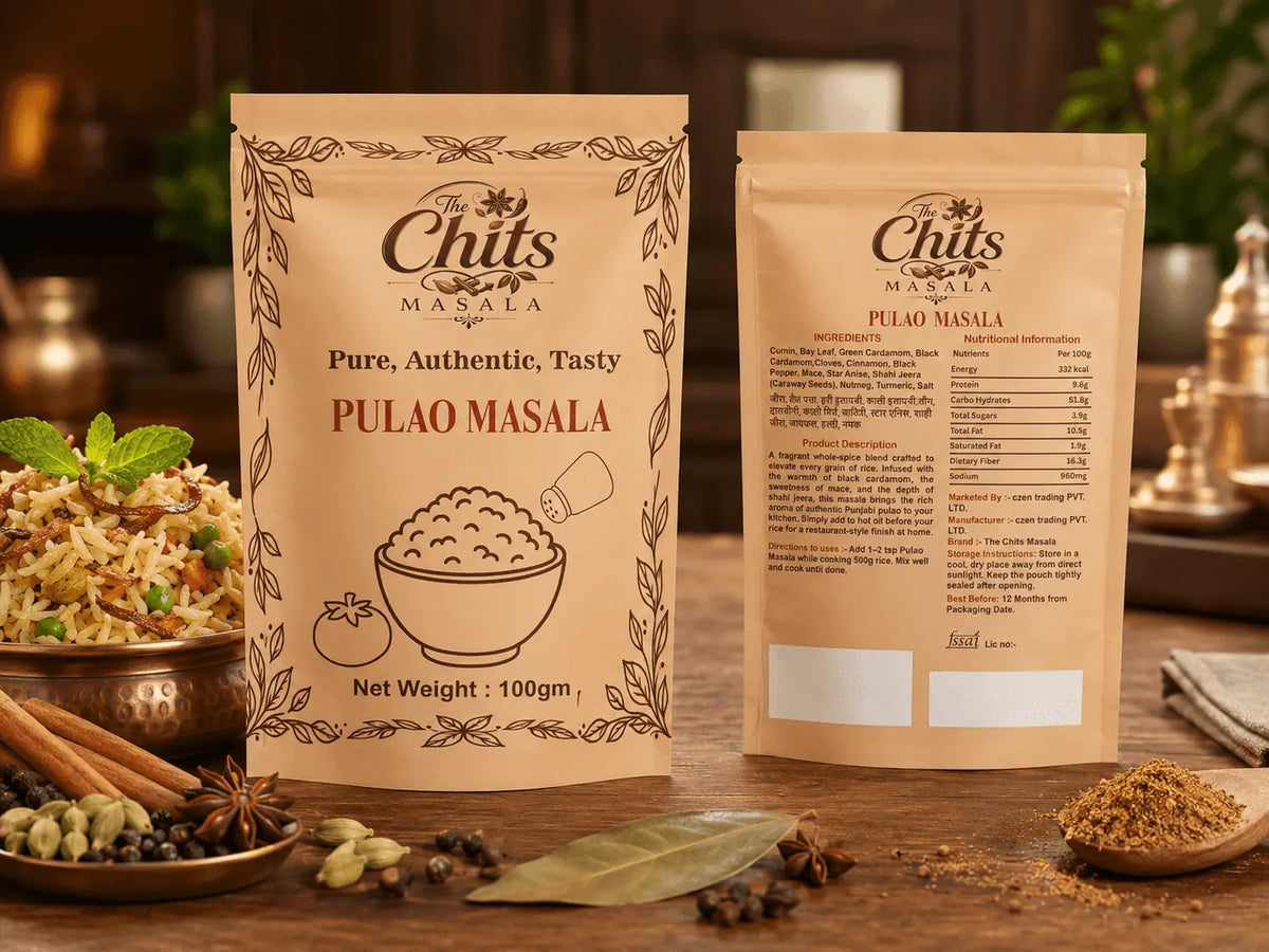 Two stand-up pouches of Chits Masala Pulao Masala displayed on a wooden table with spices and prepared food props in a warm kitchen setting.