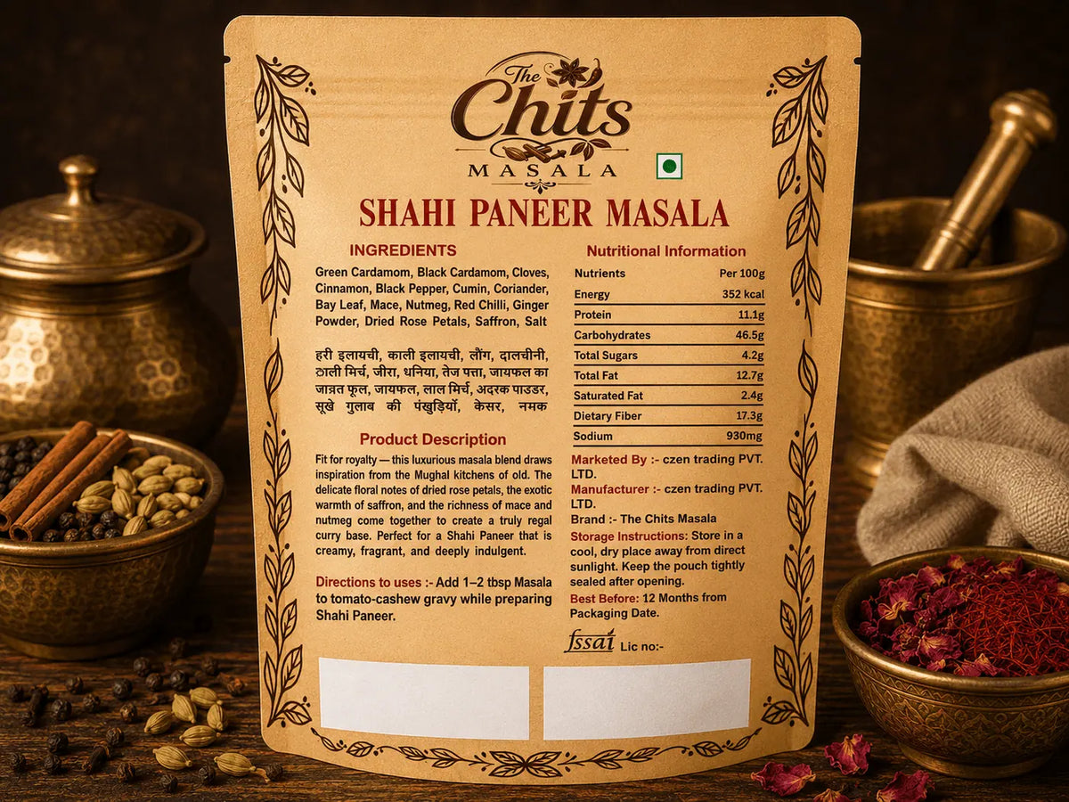 A packet of Chits Masala Shahi Paneer Masala shown from the back, featuring a detailed ingredients list and nutritional information in Hindi and English, set against a rustic background with a brass spoon, dried red chili powder, and whole spices.