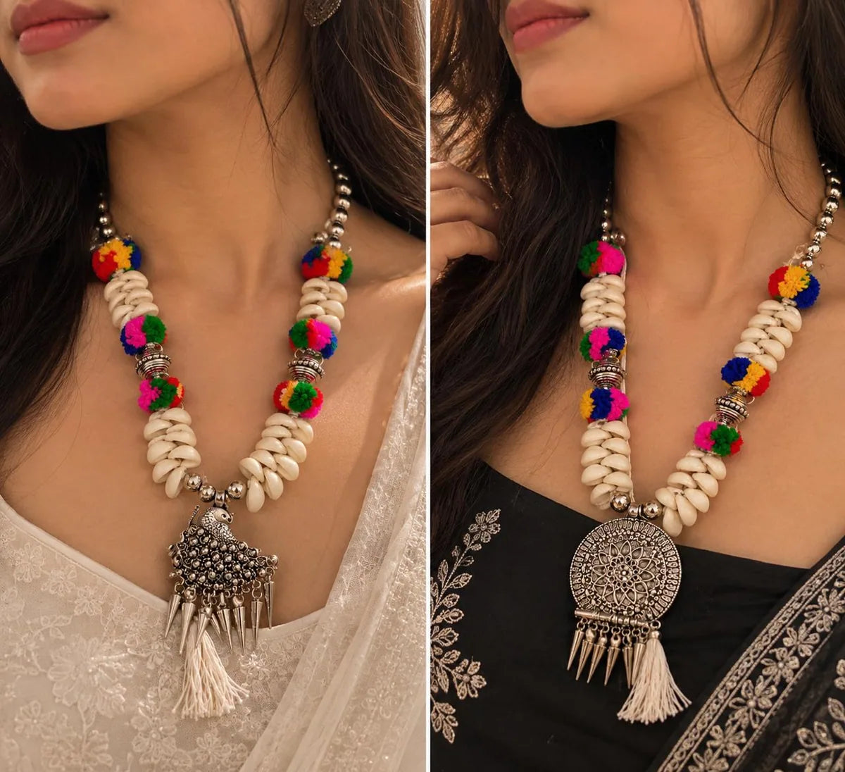 Shell & Pom-Pom Tribal Necklace Set