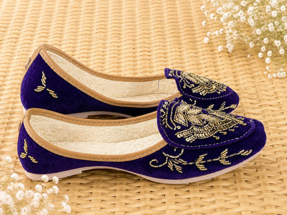 The Chits Royal Blue Velvet Hand-Embroidered Women's Jutti